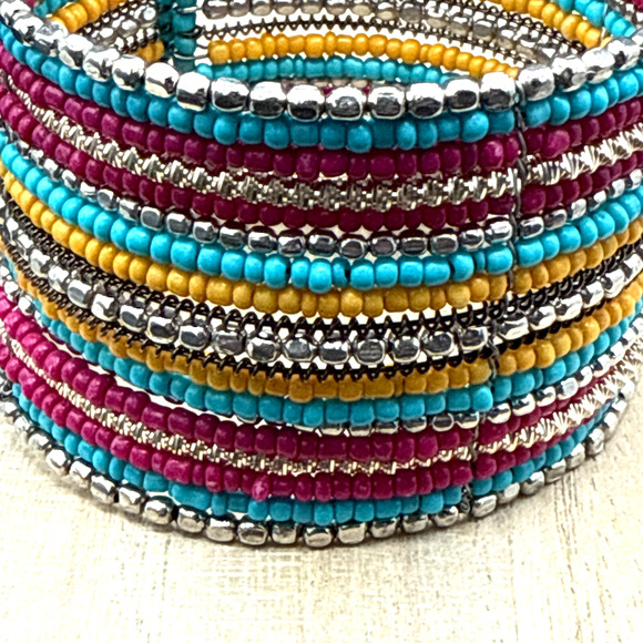 Handmade Bracelet 6.5" Adjustable Aqua Red Yellow Seed Bead Woven Boho Wide Cuff - Picture 2 of 5